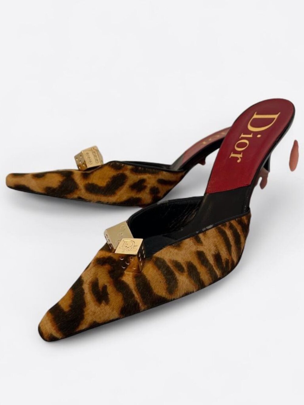 Vintage Dior Heels F/W 2004 Galliano Gambler Dice Leopard Print Fur Mules - 39.5